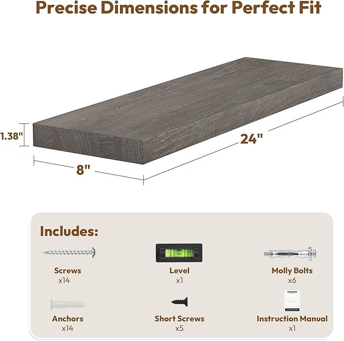 Vivelove Elm Floating Shelves for Wall Solid Wood, 24 Inches Long Rustic Wall Shelf with Invisible Bracket for Living Room Bedroom Bathroom Office Book, Farmhouse Wall Display Shelf, Set of 2 - Grey