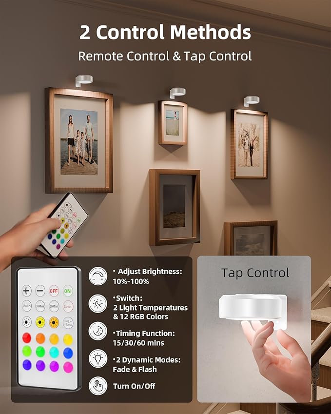 EZVALO Picture Lights for Wall, 2000mAh Rechargeable Battery Magnetic Poster Lights with 3 Color Temps & 12 RGB, Remote Dimmable Timer Painting Light, Wall Decor Light for Art Display, Frame (3 Pack)