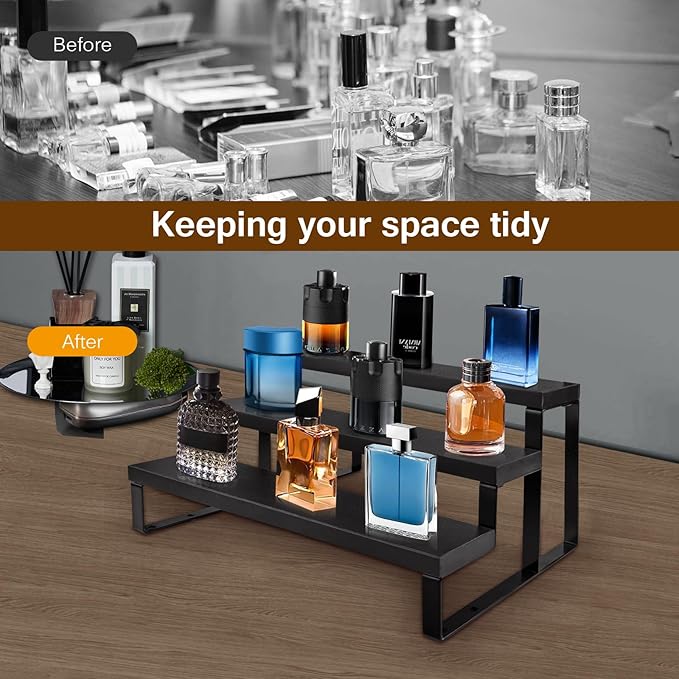 3 Tier Cologne Stand for Men 2 Pack,12 Inch Wooden Cologne Organizer for Dresser Waterproof Perfume Organizer with Anti-Slip Washers for Makeup,Figures,Cupcake,Perfume,Dessert,Display Risers Stand