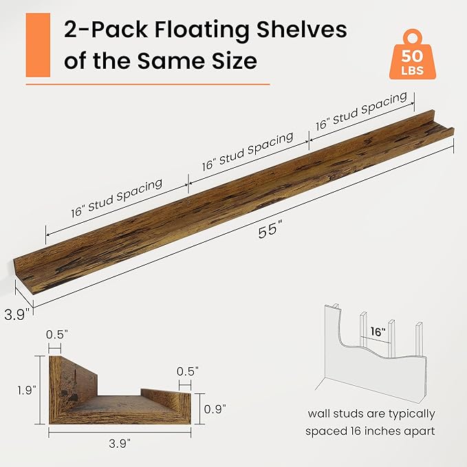 RICHFOCUS Picture Ledge Shelf, 55 inch Floating Shelves Set of 2, Wood Wall Shelves with Lip, Wall Decor Storage for Bedroom Living Room Bathroom Kitchen Nursery Photo Picture, Rustic Brown