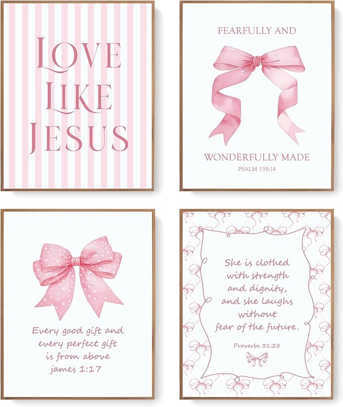 LARTSFRO Coquette Pink Bow Jesus Wall Art Decor Posters, Light Pink Bow Christian Room Bedroom Bathroom Dorm Wall Art Decor Aesthetic for College Teen Girls Gifts, Inspirational Bible Verses Bow Wall Decor, 10x8 Inch Set of 4 Bow Pictures (UNFRAMED)