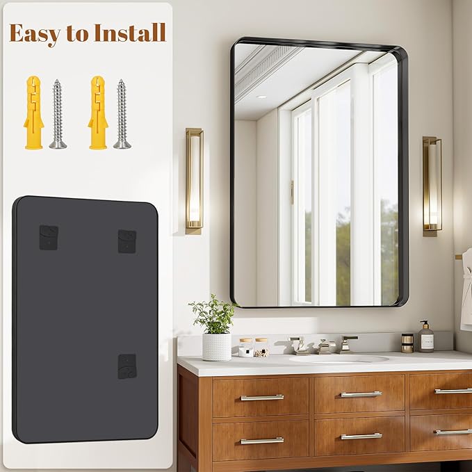 Bathroom Mirrors for Over Sink 24 x 32 Inch Rounded Rectangle Bathroom Vanity Mirror Bathroom Mirror for Wall Hangs Horizontally or Vertically for Living Room Bedroom Entryway Black