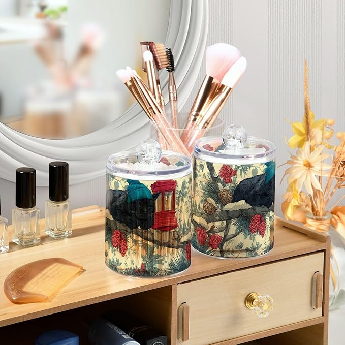 2 Pack Apothecary Jars Overly Cute Vintage Birds Bathroom Vanity Storage Organizer Set,Small Clear Plastic Storage Jars Bathroom Canister for Cotton Swabs, Rounds, Balls, Qtips,Makeup Sponges,