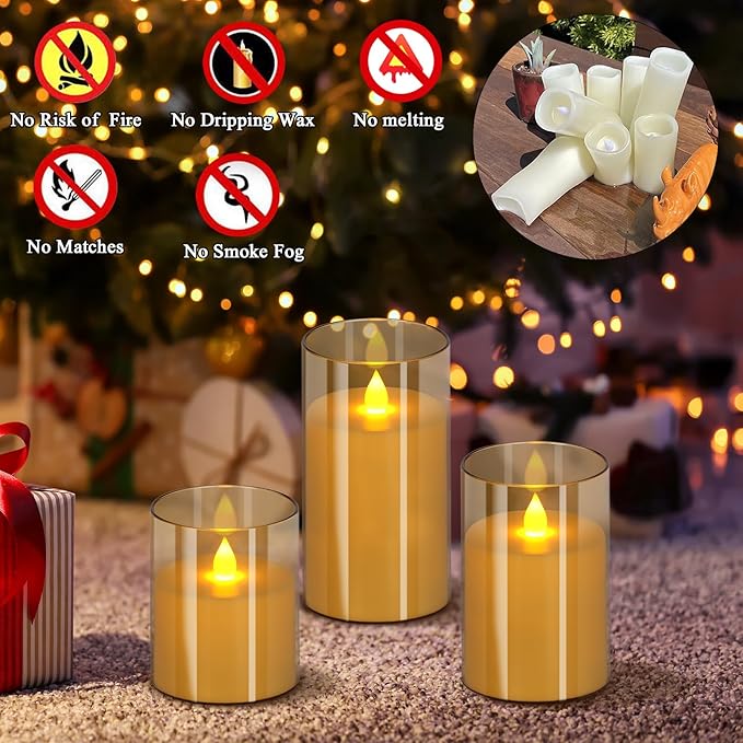 wemarry Flameless Candles 4" 5" 6" Acrylic Glass Pillars 3" Diameter Battery Operated Flickering Candles Include 8-Key Remote with Timer Function 400+ Hours (Amber, Warm Light 12 Pack)
