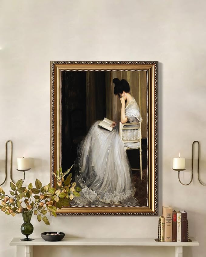 KBKBART Gold Framed Canvas Wall Art Print, Vintage Wall Art Mid-Century Lady Classical Women Painting Picture, Vintage European Portrait Wall Decor for Bedroom Bathroom Decor Wall Art, 16’’x24’