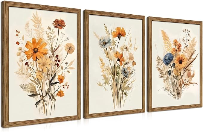 Vintage Wildflower Framed Canvas Wall Art Set of 3 – Rustic Botanical Floral Pictures Prints for Living Room Bedroom Bathroom, Retro Boho Wall Decor for Home Aesthetic 16x24 inch