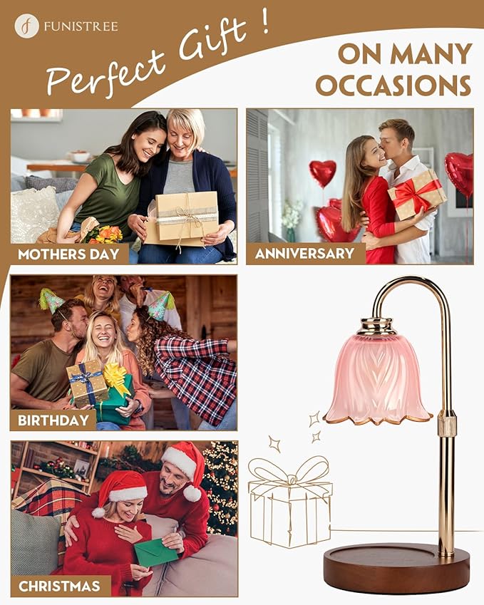Funistree Candle Warmer Lamp, Gold Candle Lamp Warmer with Timer & Dimmer with 2 Bulbs, Birthday Gifts for Women Mom, New Home Bedroom Decor, Height Adjustable