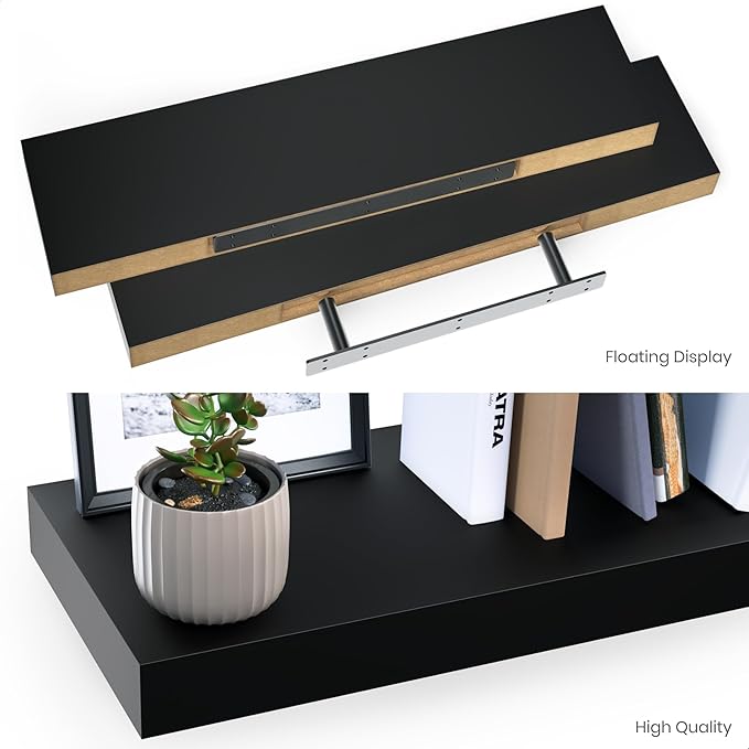Ballucci Floating Shelves, 36" Wood Wall Shelf Set of 2, with Invisible Brackets for Bathroom, Living Room, Bedroom, Kitchen, Nursery, 6" Deep, Black
