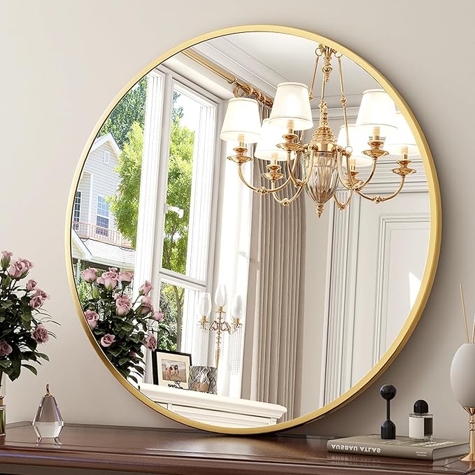 XRAMFY 36 Inch Round Mirror - Circle Mirrors for Bathroom, Entryway and Living Room Wall Decor, Modern Hanging Vanity Mirror, Matte Gold Circle Decorative Wall Mirror