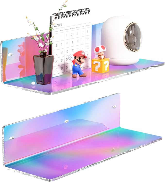 Sezanrpt 12 Inches Iridescent Wall Shelves, Moisture-Proof, Acrylic Bathroom Wall Shelves, Clear Floating Shelves for Bathroom, Bedroom, Living Room, Retail, 2 Pack