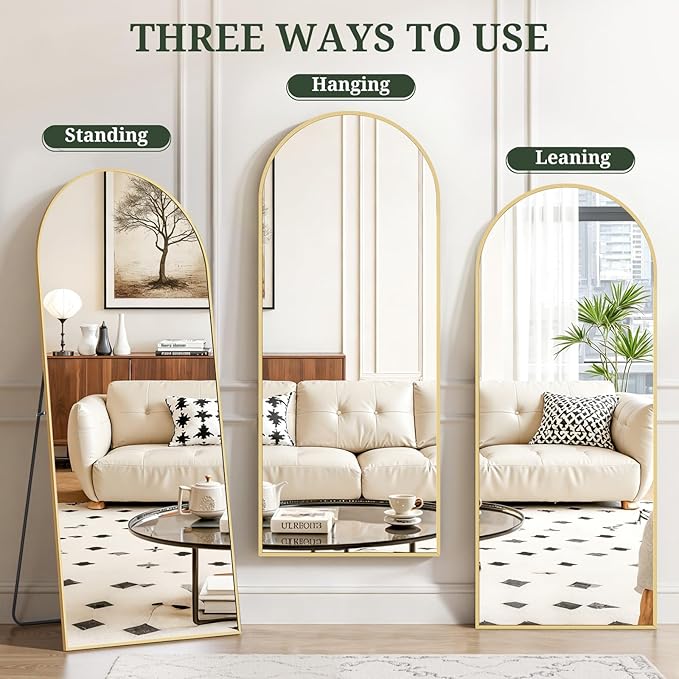 Mirror Full Length 65"x24" Full Body Floor Mirror with Stand, Shatterproof Glass, Aluminum Alloy Frame, Free Standing Wall Mounted or Leaning Arched Mirrors for Bedroom Living Room Entryway