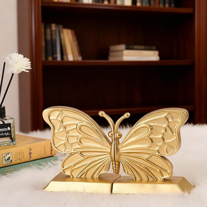 Kathfly Decorative Butterfly Bookends, Vintage Butterfly Book Ends, Resin Gold Bookends for Shelves, Heavy Duty Book Stopper for Desk Home Office, Shelf Decoration
