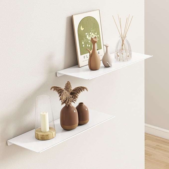 MKO 12" Floating Shelves for Wall, Small Metal Wall Mounted Shelf for Bathroom, Bedroom, Living Room, Kitchen, Little Hanging Shelves for Books/Storage/Room Decor 2 Packs, White