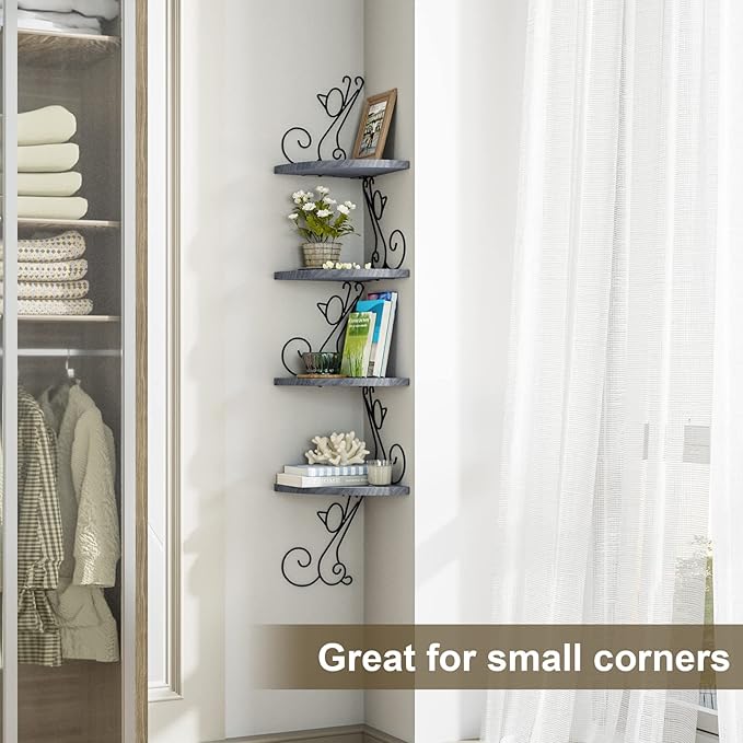 Alsonerbay Wall Mount Corner Shelves 4 Tier Floating Corner Storage Wood Shelves Decorative Rustic Radial Shelf in Cat Shape Weathered Grey