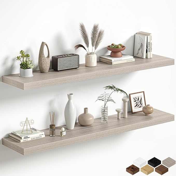 Gray Floating Shelves for Wall, 55 Inch Floating Shelves Set of 2, Wall Mounted Rustic Wood Shelf for Bathroom, Living Room, Bedroom and Kitchen, Hanging Shelf for Storage, Books, Home Decor
