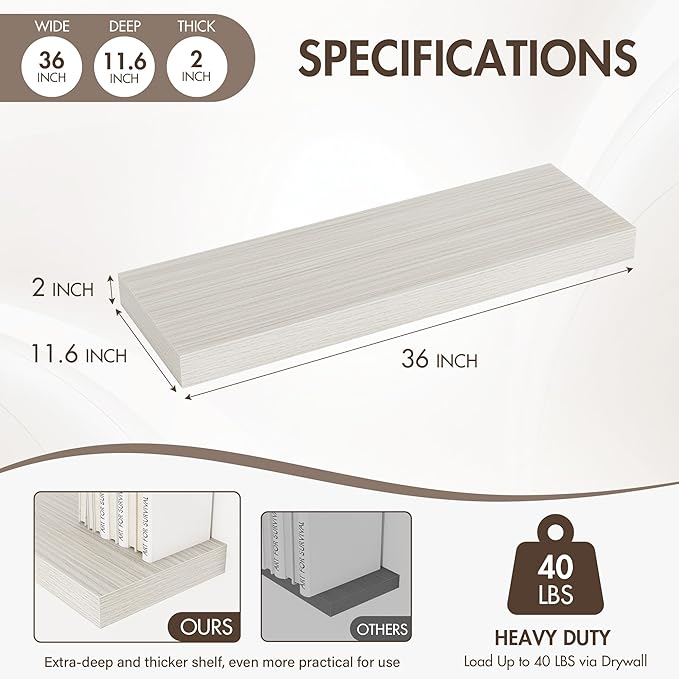 Acovy 36 Inch Floating Shelves, 12" Deep Floating Shelf Wall Mounted, 36" Wall Shelves, Rustic Deep Bookshelf, Extra Deeper & Thicker Display Shelves for Bedroom, Living Room, Gray, Set of 2