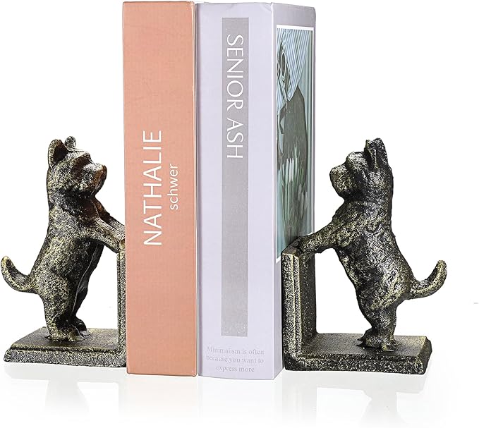 2 Pack Dog Decorative Bookends for Shelf - Cast Iron Book Ends Cute Dog Bookend Support for Home Decor, Heavy Duty Book Stands Vintage Antique Shelf Decor for Reading Enthusiasts or Dog Lovers