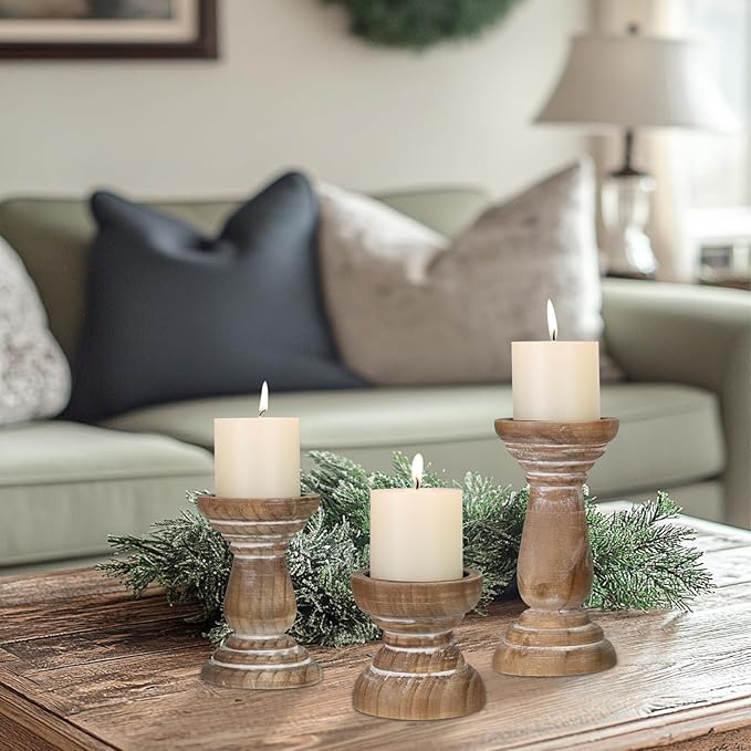 Candle Holder for Pillar Candle Set of 3, Farmhouse Wood Candle Holder, Rustic Wooden Candle Stand, Vintage Small Wooden Candlestick HoldersDecorative for Living Room, Table Centerpiece (Brown)