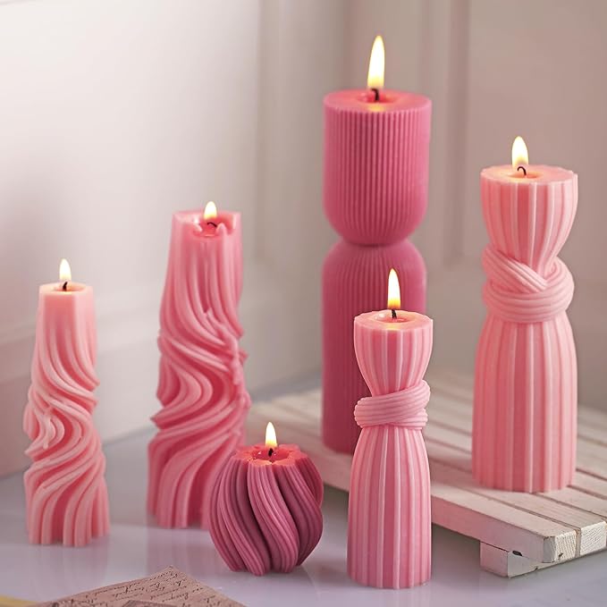 Threlaco 6 Pcs Pink Pillar Candles Decorative Modern Aesthetic Ribbed Candle Set Cute Soy Wax Scented Ribbed Decor Valentine's Commemorative Gift for Home Decoration(2.36-6.69 Inch)