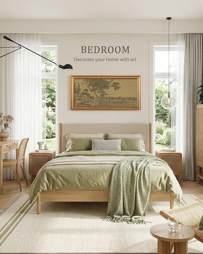 Bzstyleart Vintage Wall Art Decor, Large Canvas Framed Wall Art, Landscape Painting Picture Farmhouse, Large Canvas Artwork for Bedroom Home Decoration Aesthetic, Field Tree, 20 x 40 Inch