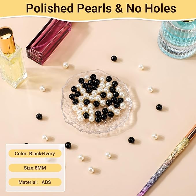 Suream 1300PCS Ivory and Black Makeup Brush Beads with Luster, 8mm/0.31inch Round No Hole Faux Vase Filler Pearls for Table Scatter, Wedding Centerpiece, Craft, Jewelry Making, Christmas, Home Decor
