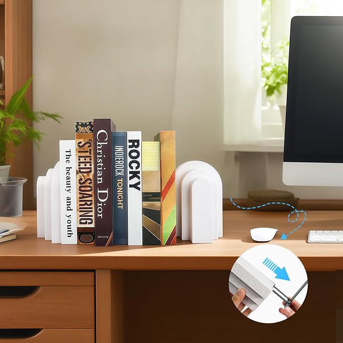 Book Ends, Bookend, Decorative Book Stopper for Shelves, Heavy Bookends for Shelves, Book Stopper for Heavy Books, Organizer for Home Office School, Aesthetic Pleasing Layered Arch Design (White)
