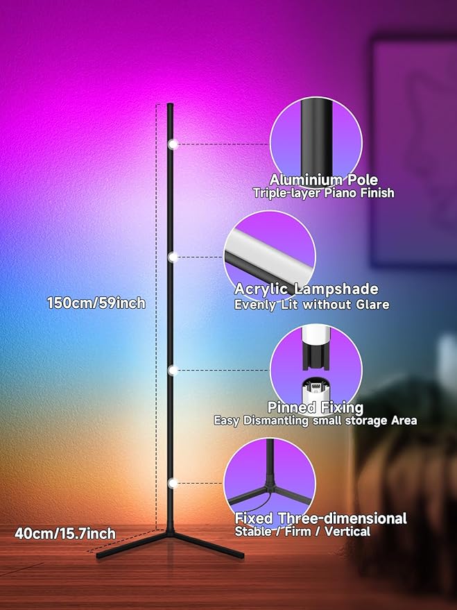 GIPOYENT Lampe d'Angle LED RGB Avec Synchronisation Musicale, Contrôle Intelligent via Application, éClairage d'ambiance, LED Avec 16 Millions de Couleurs Pour Chambre à Coucher