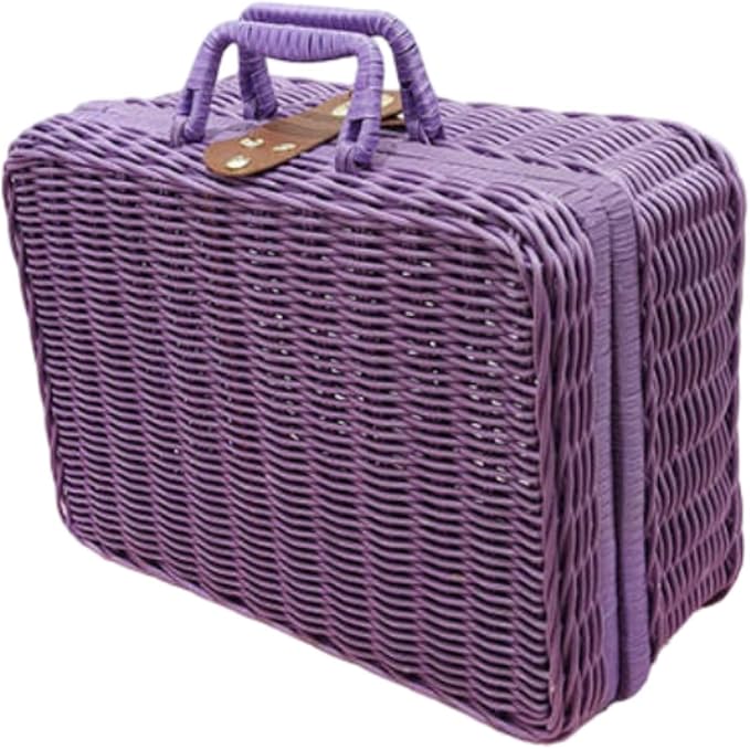 Woven Suitcase Imitation Rattan Storage Basket Gift Box Rustic Picnic Suitcase Handwoven Storage Case for Travelling Bathroom, Violet L