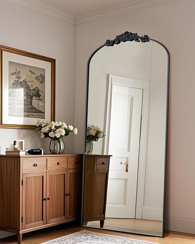 Antok Arched Full Length Mirror, 76"x34" Floor Mirror with Carved, Full Body Mirrors for HomeDecor, Standing/Halling Large Wall Mirror for Bedroom, Living Room, Cloakroom, Black, Retro Style