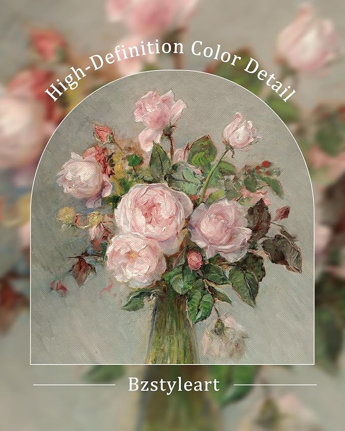 Bzstyleart Vintage Wall Art Decor Bedroom, Framed Canvas Wall Art, Flower Painting Canvas Picture Print Home Decor Aesthetic, Rose Flower Artwork for Living Room Kitchen, Pink Rose, 12 x 16 Inch