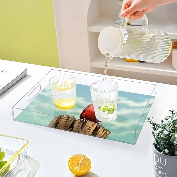 Qilmy Red Bird Acrylic Serving Tray with Handles 15.7 x 11.8 Inch, Clear Reusable Decorative Tray, Multi-Purpose Spill Proof Table Tray for Party, Coffee, Bathroom, Kitchen, Office