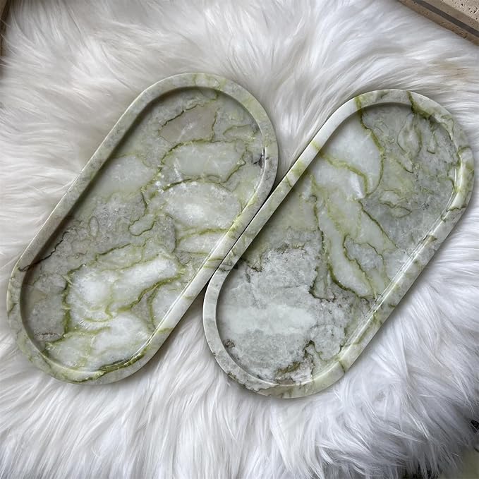 Natural Marble Oval Tray Ornaments Vintage Small Tray Storage Dish for Counter, Vanity, Dresser, Nightstand and Desk (Green Emerald)