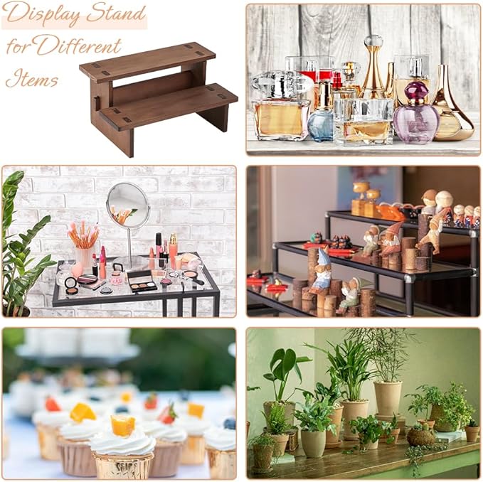 DICOSMETIC 2 Tier Wooden Display Risers Stand Display Shelves 4.72x6.42x3.94 Inch Rectangle Small Wood Table Cupcake Stand Spice Rack Organizer Coffee Perfume Organizer for Cabinet Home Wedding Party