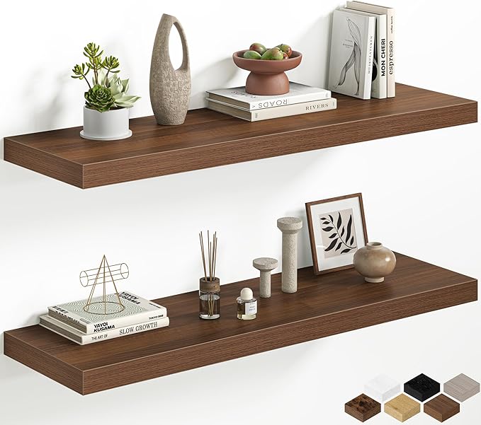Fun Memories 40 Inch Floating Shelves, 12 Inch Deep Wall Shelves, 40 x 12 Floating Shelf Set of 2, Walnut Wood Floating Shelf Wall Mounted, Large Kitchen Living Room Bedroom Bathroom Storage Shelves