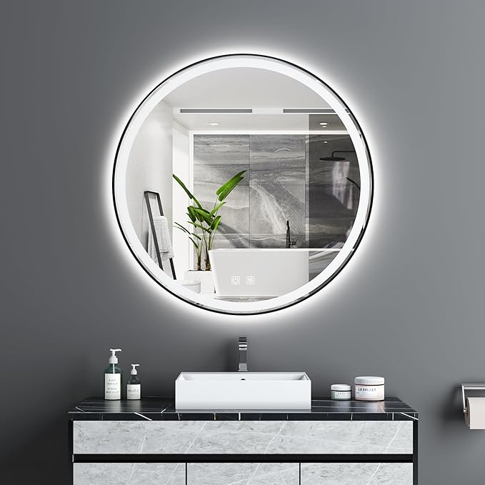 Itrue 36 Inch LED Bathroom Round Mirror, Black Metal Frame, Adjustable Color Temp & Brightness,Anti-Fog,Shatter-Proof Tempered Vanity Mirror for Wall