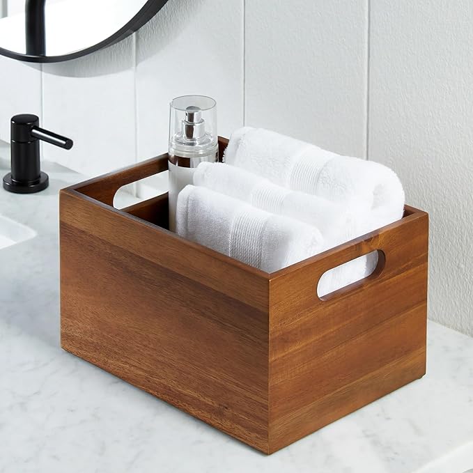 Acacia Wooden Storage Crates Storage Box Farmhouse Decorative Boxes with Handles for Home Organization,Display Handmade Natural Solid Wood Basket (Brown)