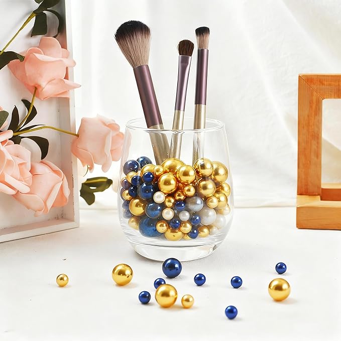 1400Pcs Navy Blue and Bright Gold Vase Filler Pearl Beads for Crafting 8mm Beads No Holes Decor Suitable for Wedding Decor, Party Decorations, Centerpiece Table Decorations