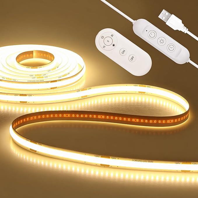ALITOVE COB LED Light Strip 16.4FT 5V USB LED Strip Light Uniform Grow Super Bright 3000K Warm White with Remote Dimmable Flexible LED Tape Lights for Bedroom Cabinet Kitchen Shelf TV Lights