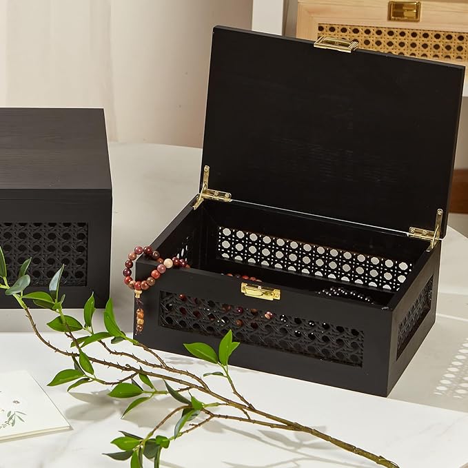 2PCS Decorative Rattan Storage Boxes Solid Wood Baskets Bins with Lid Keepsake Memory Jewelry Box Natural Boho Shelf Wicker Closet Desk Organizer Container (Black, 1 Large 1 Small)
