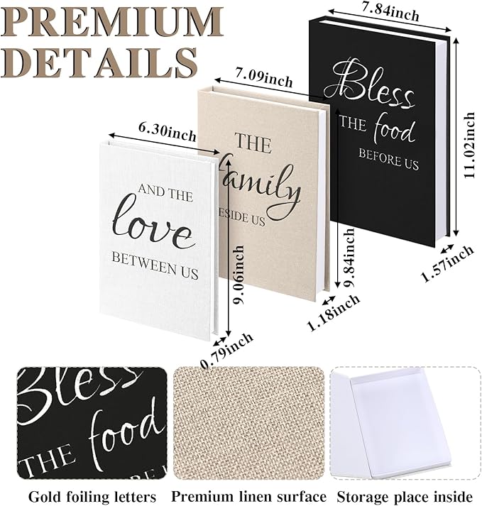 Weysat Set of 3 Bless Family Love Decorative Books for Home Decor Linen Faux Books Stacked Neutral Modern Aesthetic Fake Storage Boxes for Coffee Table, Bookshelf or Mantle Display