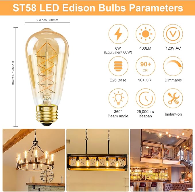 Dimmable E26 LED Edison Bulbs 60 Watt Equivalent, 6W LED Vintage Edison Amber Warm Light Bulbs 2200K, 4 Pack ST58 Antique Decorative Light Bulbs for Farmhouse, Industrial, Modern Light fixtures, CRI90