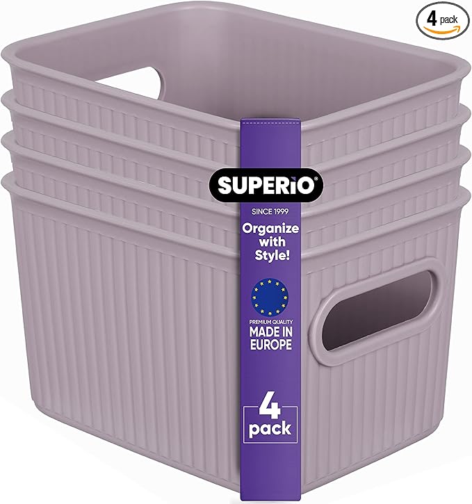 Superio Ribbed Collection - Decorative Plastic Basket Open Home Storage Bins Organizer, Small Lilac Purple (4 Pack) Container Boxes for Organizing Closet Storage Bins for Shelves 1.5 Liter