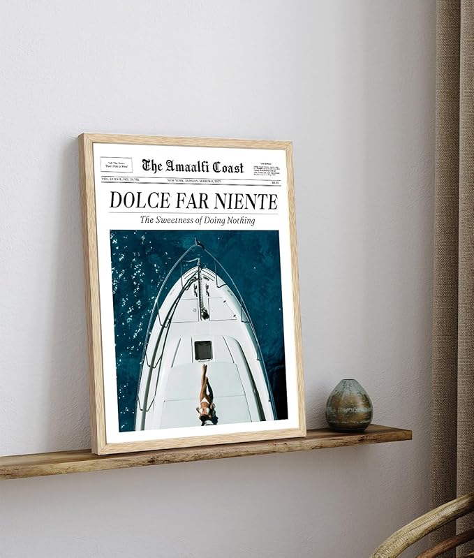 Bwodke OAK Wood Framed Wall Art Dolce Far Niente Canvas Art La Dolce Vita Pictures Wall Decor Vintage Magazine Italian Summer Prints Trendy Newspaper Artwork for Girly Dorm Bedroom 12"x16"