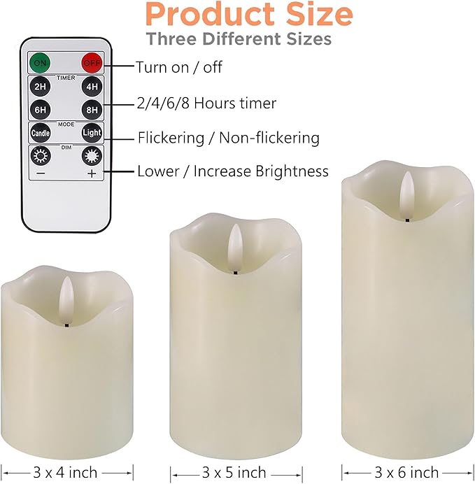 VIEWELLD Flickering Flameless Candles with Remote and Timer, Realistic LED Candles, Battery Operated Candles for Christmas Home Wedding Birthday Decoration, Real Wax Set of 3(Ivory White)