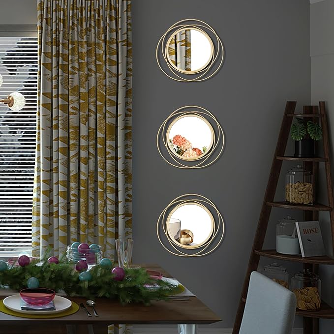 3 Set 9.5 Inch Gold Circle Mirrors Wall Decor Iron Frame Wire Mirror Metal Circular Mirror Home Decor Hanging Mirrors for Room/Bedroom/Bathroom/Entryway