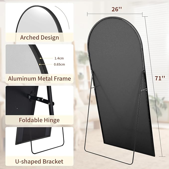 71"x25" Arched Mirror Full Length, Standing Floor Mirror, Wall Mounted Mirror with Aluminum Frame - for Standing, Leaning or Hanging, for Living Room Dressing Room, Black