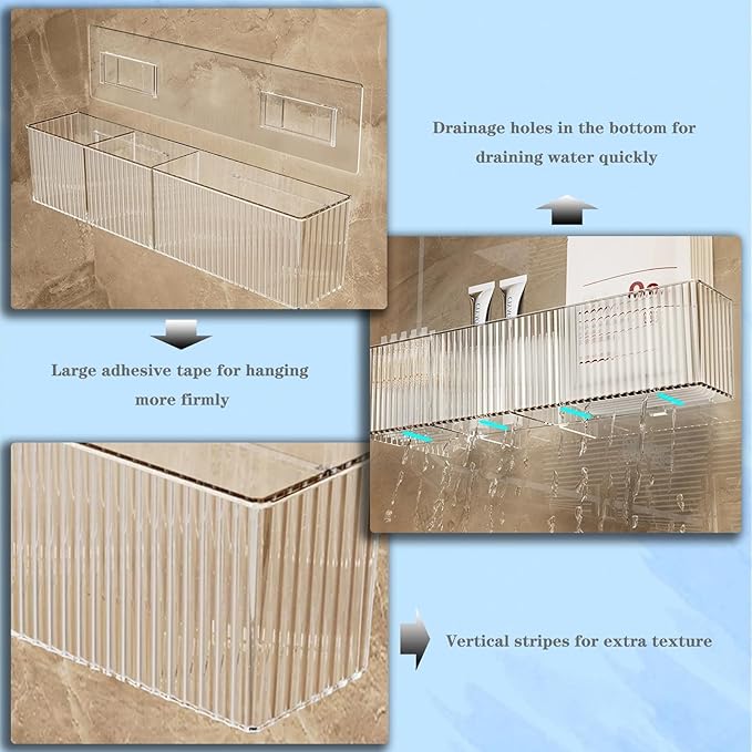 2 Pack Bathroom Wall Makeup Organizer Clear Bathroom Organizers and Storage with 3 Compartments Plastic Storage Organizer Bins Floating Shelves for Wall, Narrow Space, Office, Bedroom 14''Length