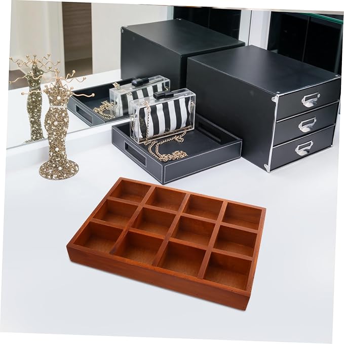 Vintage Wooden Jewelry Box with Twelve Compartments Retro Makeup Organizer for Accessories Elegant Desktop Storage for Home Decor