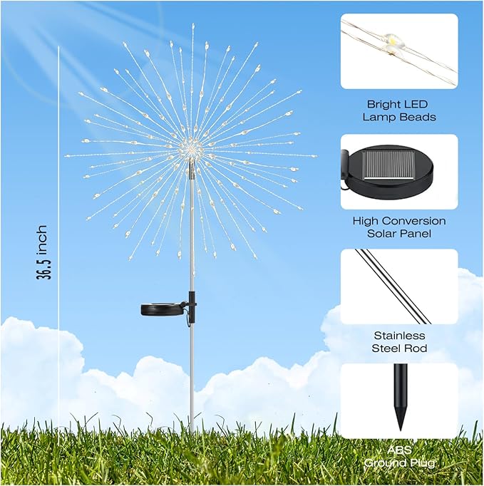 2 Pack Garden Decoration Solar Outdoor Light with 300 LEDs, Waterproof Solar Firework Lights 8 Lighting Modes, Suitable for Outdoor, Yard, Pathway ， Landscape Decoration(Multicolor)