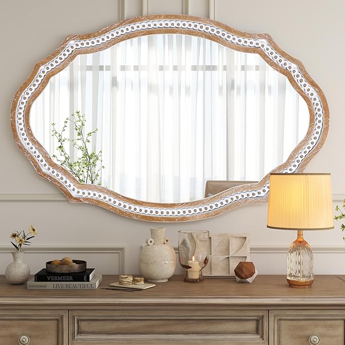 24x35 Inch Wooden Oval Mirror for Wall, Farmhouse Rustic Mirror Decorative for Bathroom Over Sink, Entryway, Living Room, Bedroom (Vertical/Horizontal)